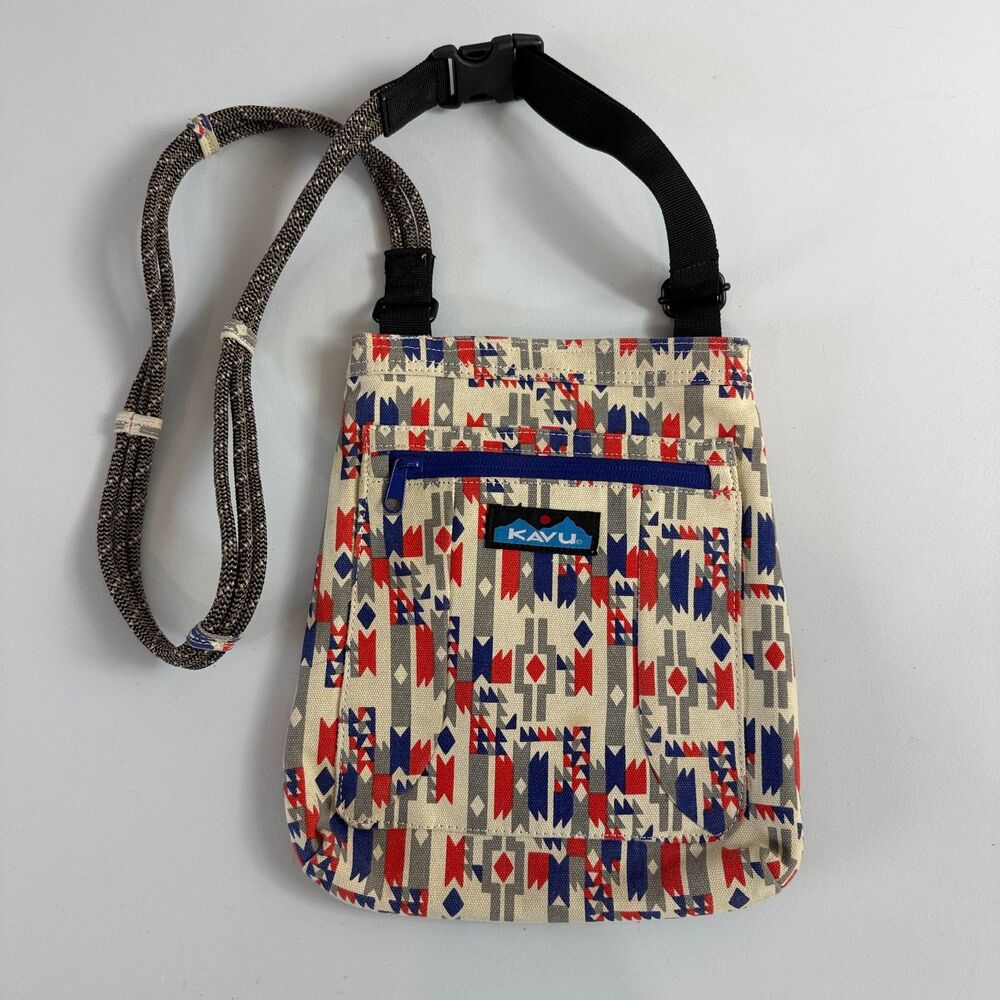 KAVU Keepalong Crossbody Bag Geometric Print Red Blue Gray Rope Strap